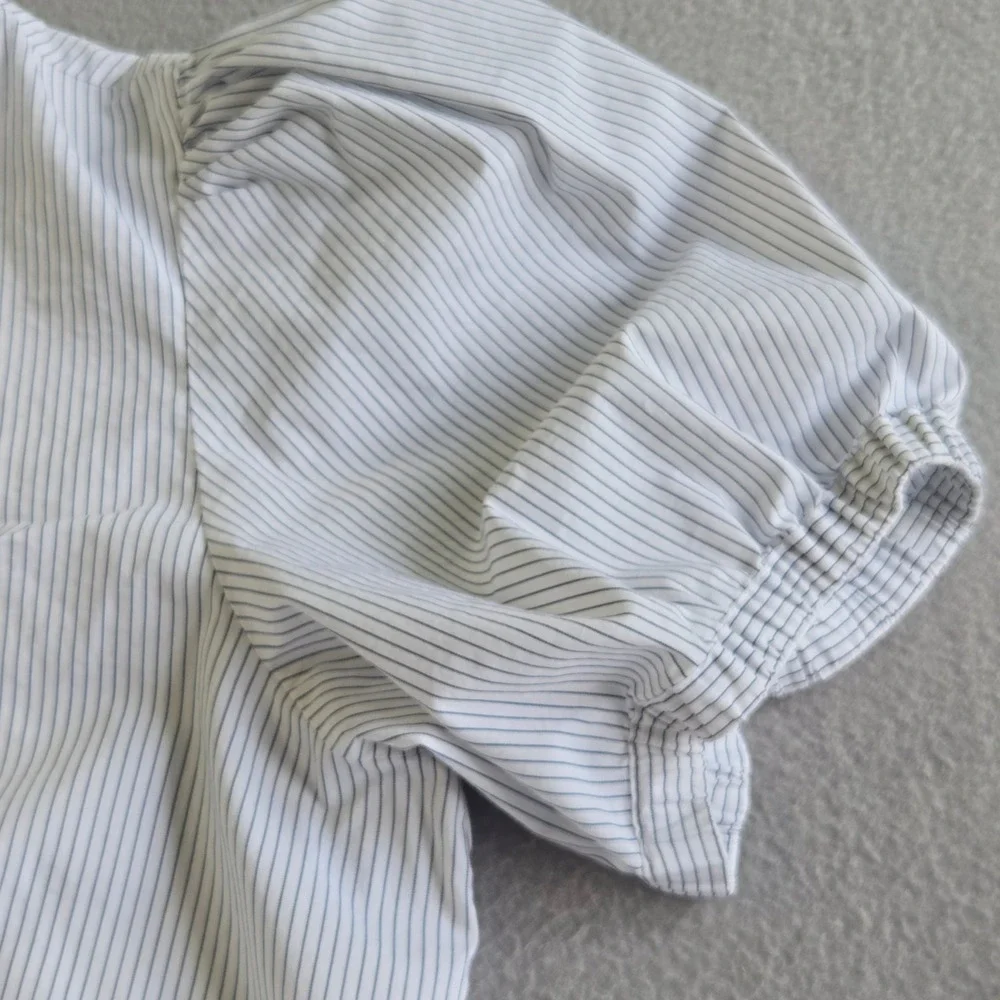 Banana Republic Blouse Women XL White Blue Pinstripe Puff Sleeve Split Neck Top